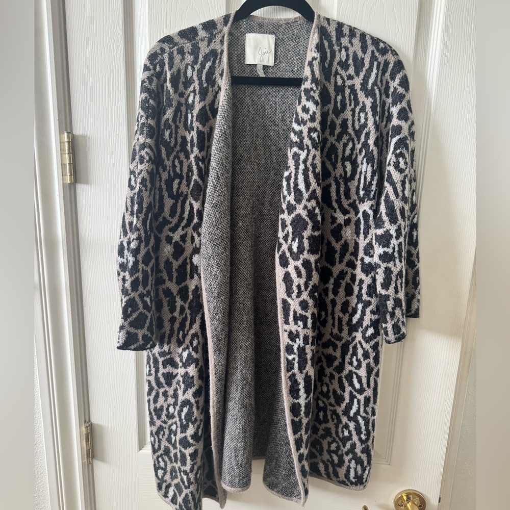 Joie Black and Taupe Leopard Open-Front Knit Cardigan